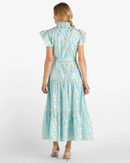 Hand Printed Gold Motif Ruffle Sleeve Belted Tiered Maxi Dress
