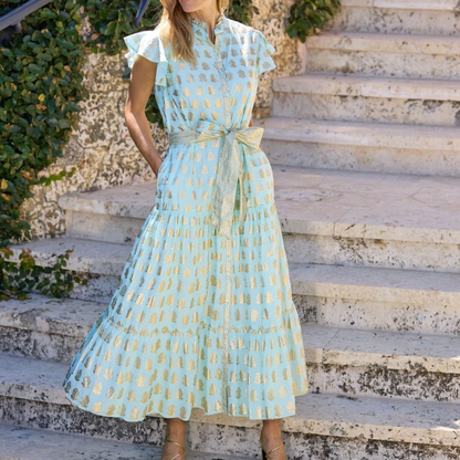 Hand Printed Gold Motif Ruffle Sleeve Belted Tiered Maxi Dress