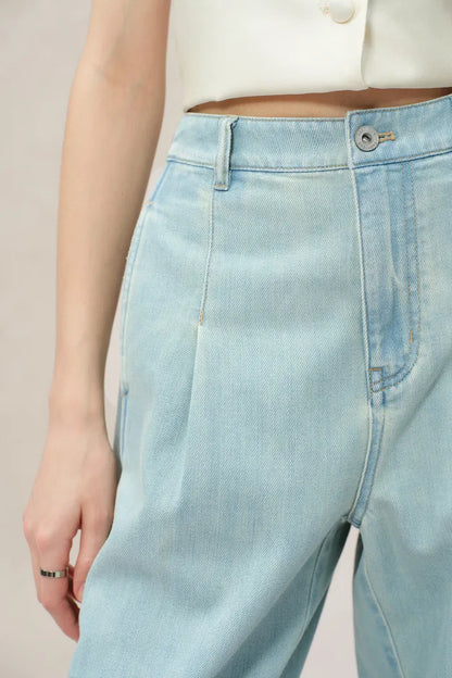 High Rise Front Pleat Light Wash Lyocell Blend Wide Leg Jeans