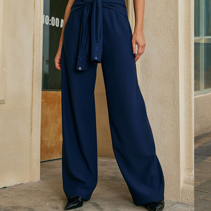 Solid Tie‑Front Wide‑Leg Twill Trousers