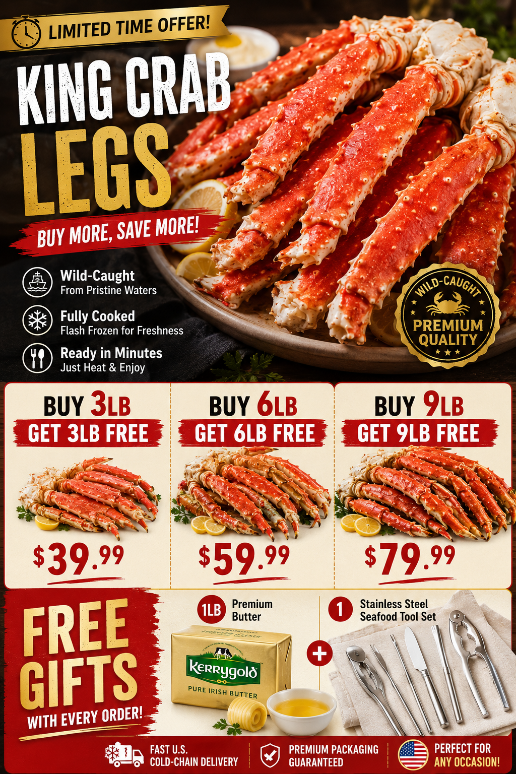 🔥 King Crab Legs Bundle – Buy More Save More, Huge Crab Legs With Sweet Tender Meat For Seafood Lovers