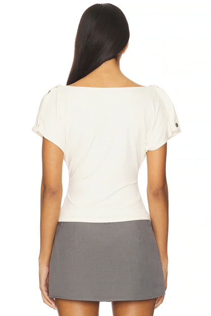 Draped Cowl Neck Cap Sleeve Button Front Fitted Top